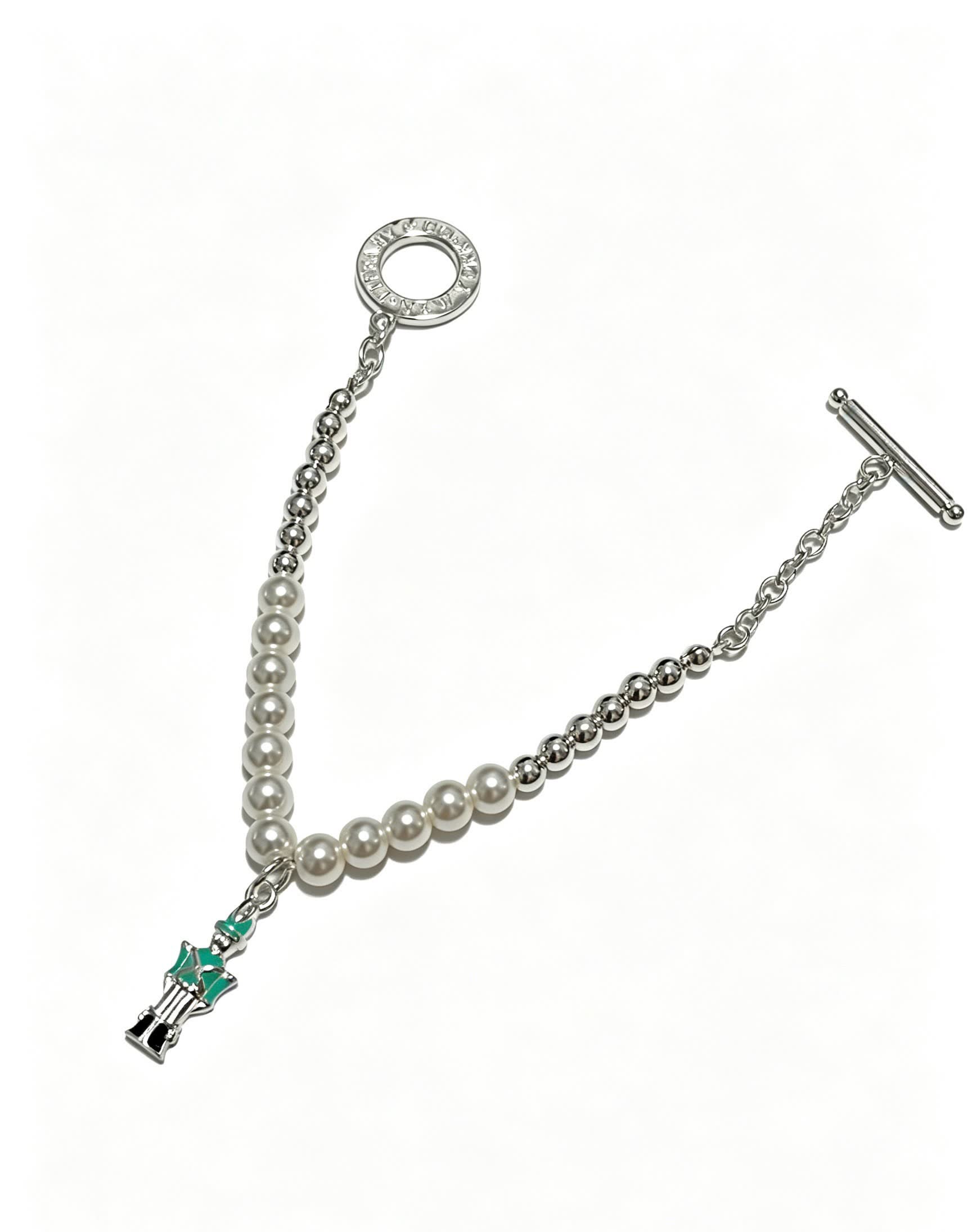 Tiffany & Co. Pearl and Bead Bracelet with Green Enamel Charm